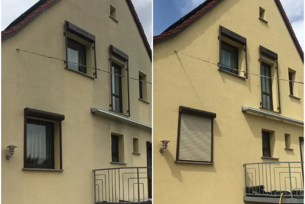 Das Bild zeigt ein Vorher-Nachher-Bild einer Fassadenreinigung eines Wohnhauses durch die Reinhelden
