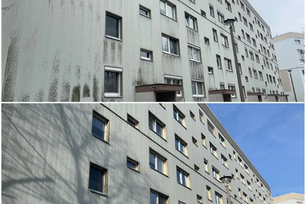 Das Bild zeigt ein Vorher-Nachher-Bild einer Fassadenreinigung eines Wohnblocks durch die Reinhelden