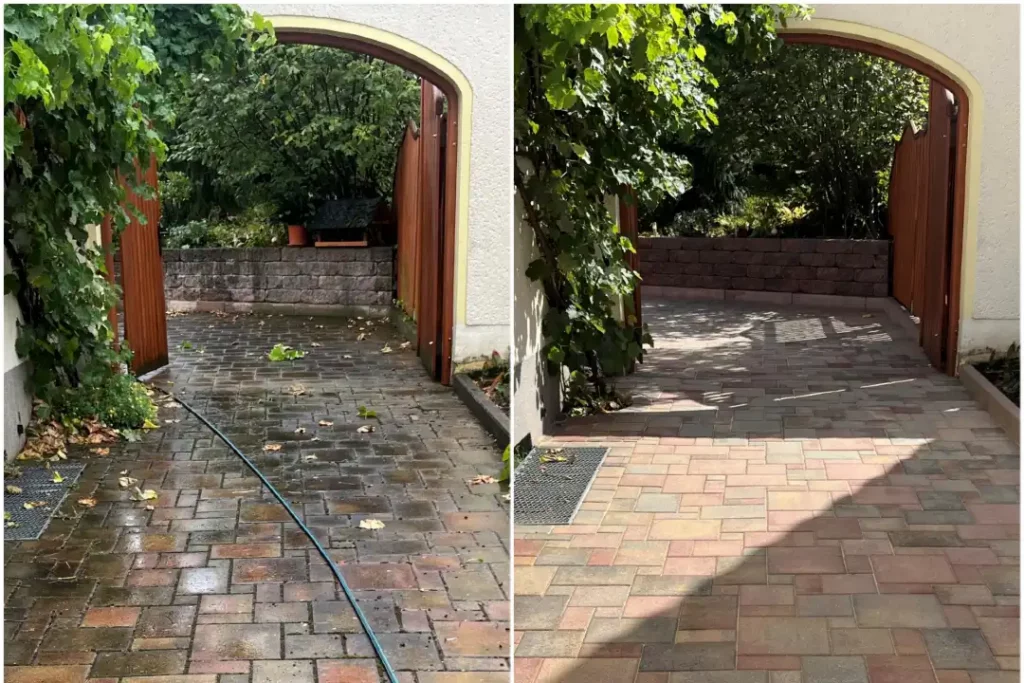 Das Bild zeigt gereinigte Pflastersteine einer Einfahrt - vorher und nachher