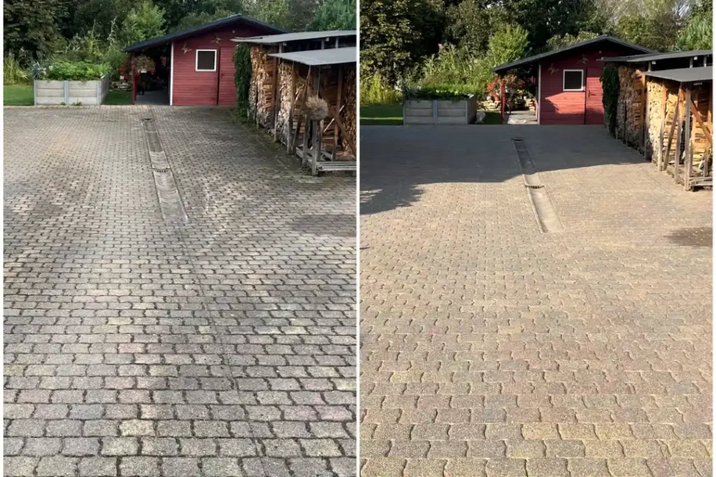 Das Bild zeigt gereinigte Pflastersteine eines Innenhofs - vorher und nachher
