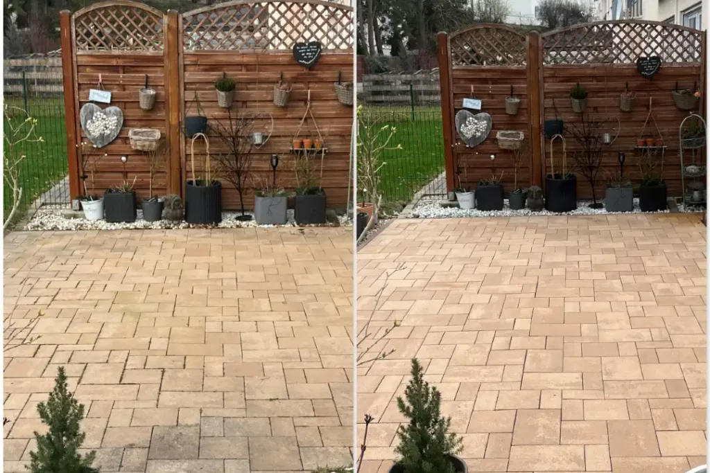 Das Bild zeigt gereinigte Pflastersteine einer Terrasse - vorher und nachher