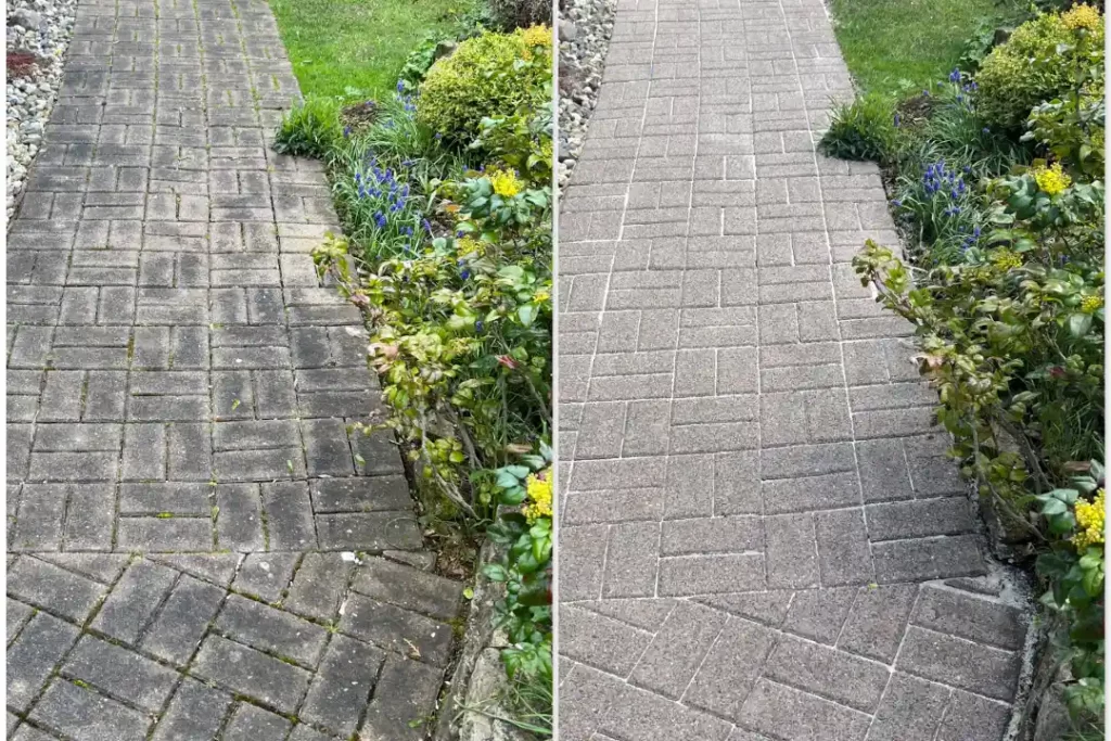 Das Bild zeigt gereinigte Pflastersteine eines Gehwegs - vorher und nachher